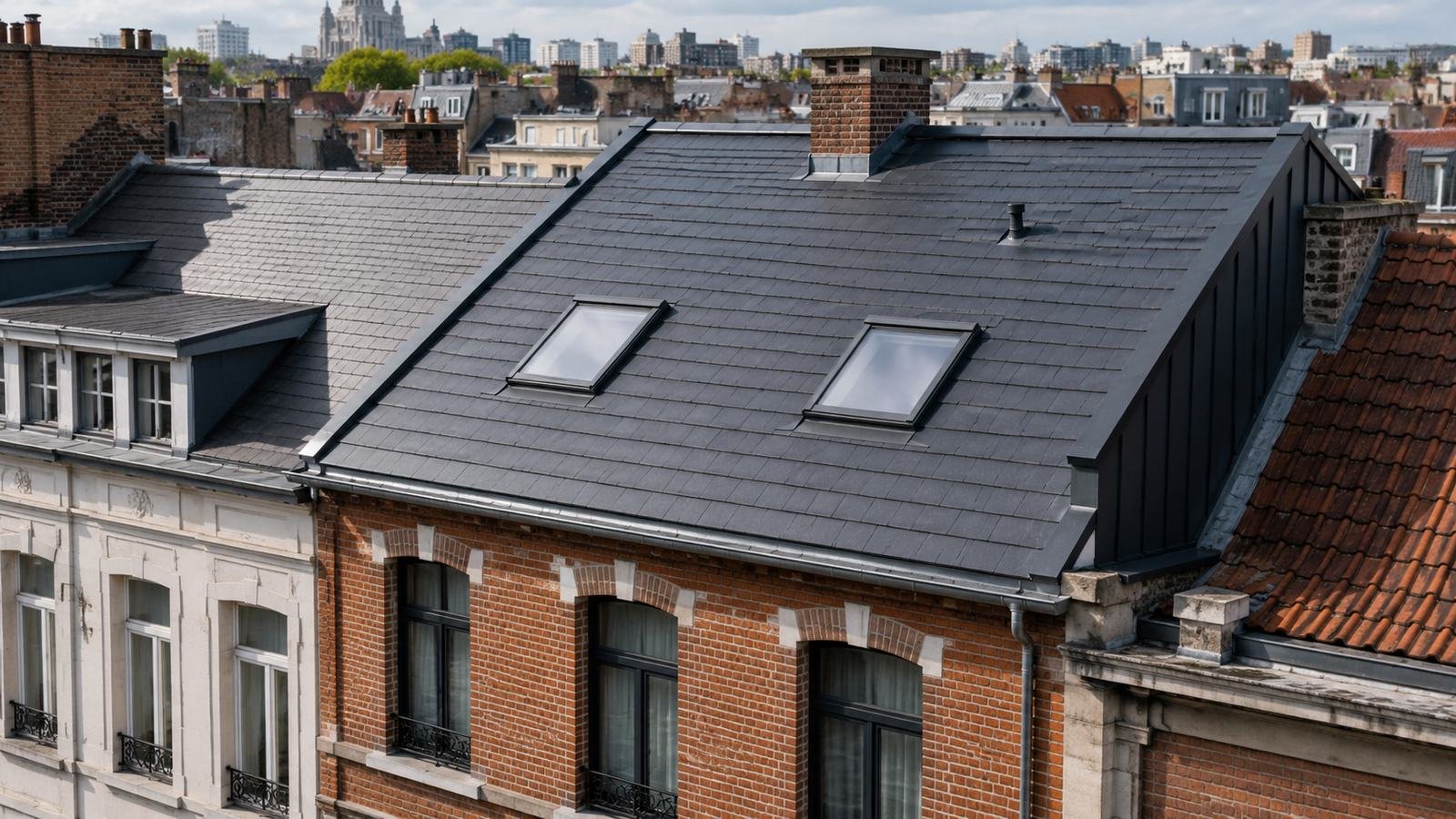 Toiture en ardoise et zinc rénovée sur un immeuble de ville